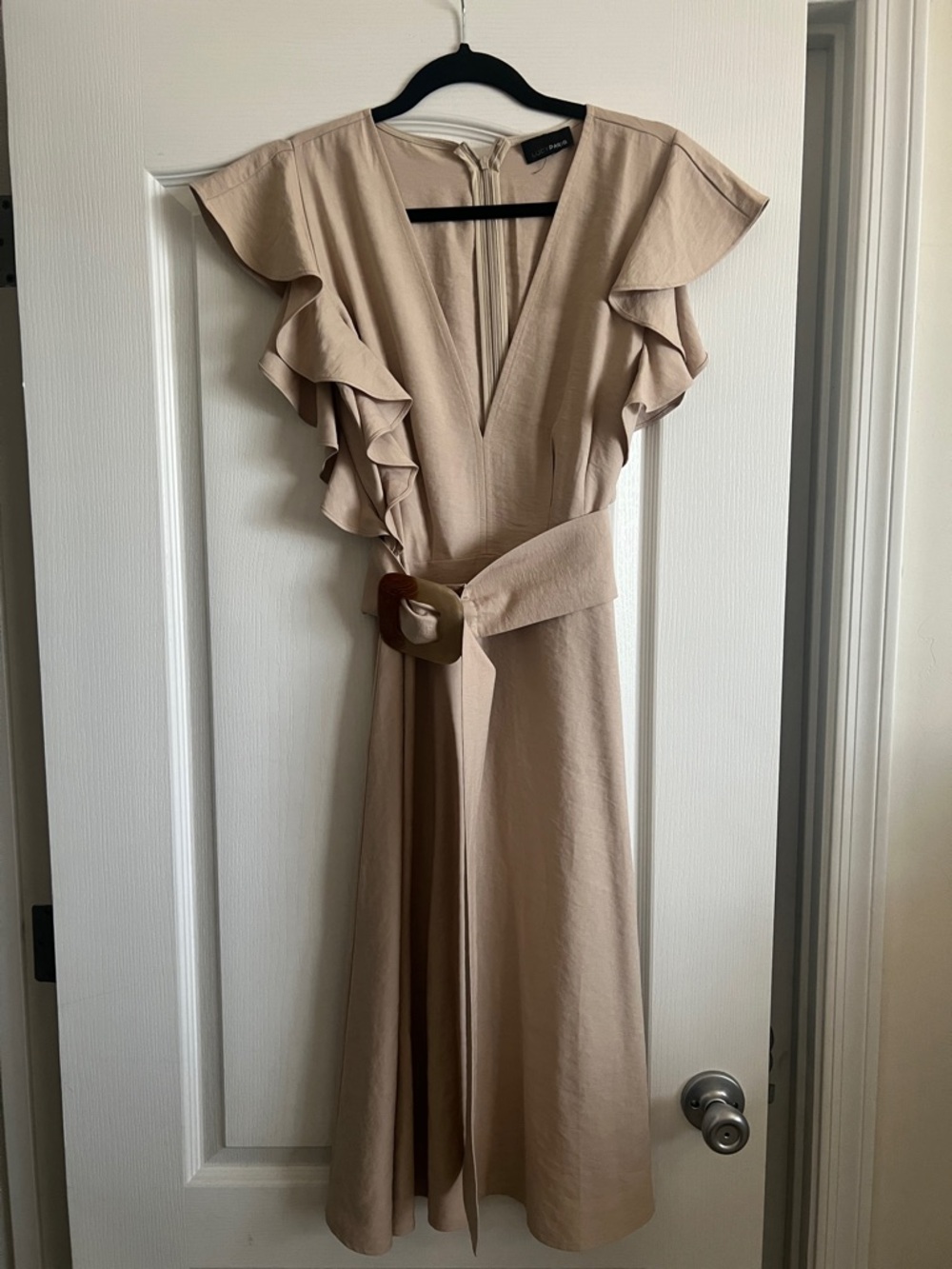 Lucy Paris Ruffle Sleeve V-Neck Midi Dress in Beige